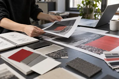 Design samples being reviewed at a studio desk.